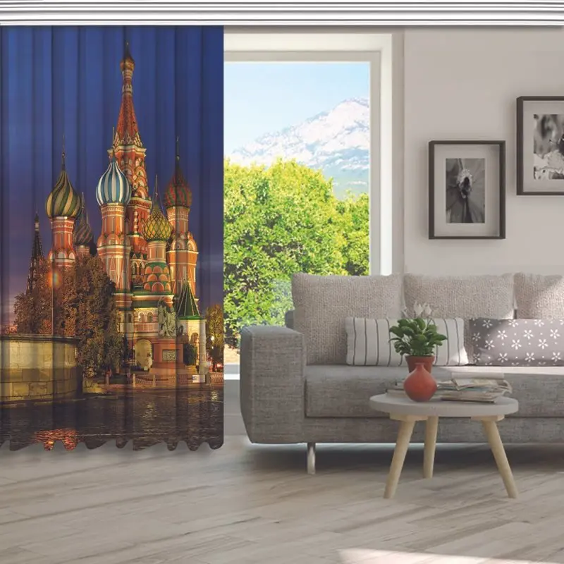 Red Square and Saint Basil's Cathedral in Moscow, Russia Sunrise at Historic City Landmark Blue Green Curtain