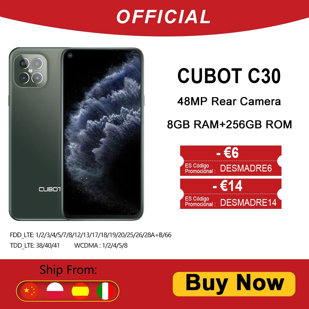 Cubot C30 48MP cuádruple cámara Quad cámara de IA + 8GB + 256GB 32MP Selfie Smartphone Global 4G LTE celular Helio P60 NFC 6,4 pulgadas FHD + 4200mAh batería WIFI 2,4G/5G Android 10 SIM Dual teléfono móvil