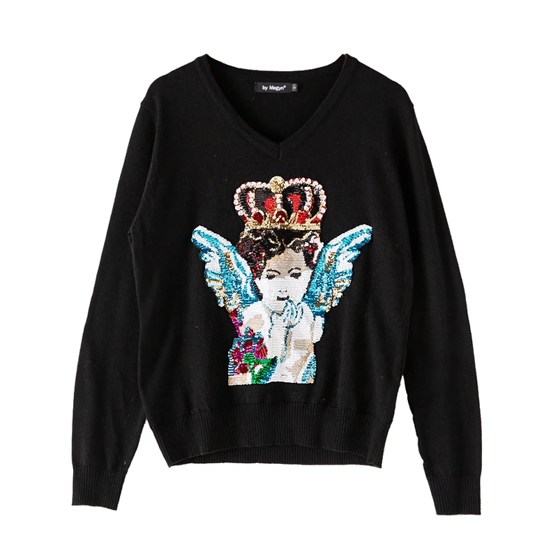 Angel wings Вязаный женский модный элегантный свитер с длинным рукавом и цветочным принтом, повседневный женский свитер, шерстяной стильный милый свитер - Цвет: Angel wings