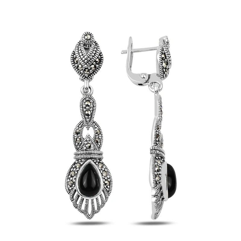 

Silver 925 Sterling Marcasite & Onyx Cubic Zirconia Dangle Earrings