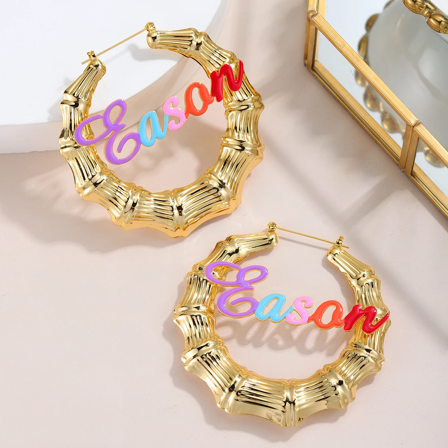 

Custom Bamboo Hoop Earrings Personalized Enamel Name Earrings Bamboo Style Personality Earring With Statement Words Sexy Jewelry