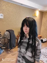 Peluca de cabello sintético largo con flequillo para mujer, 24 pulgadas, resistente al calor, Color negro y gris