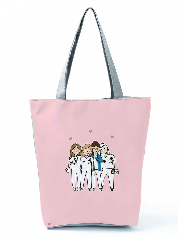 

New Trend Four Nurse Cartoon Printed Customized Eco Shopper Polyester Tote Bags Women's Handbag Kitchen Reusable Grocery Bags