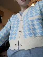 HEYounGIRL pata de gallo a cuadros estampado Cardigan mujeres otoño cuello V Vintage Top corto de punto suéter Casual suelto de punto de invierno