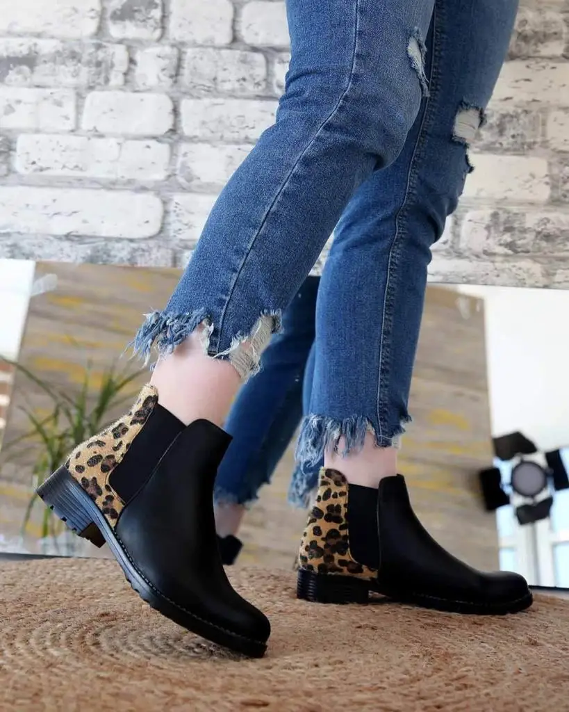 

Mosimoso Women's Ankle Height Boot Camena Black Skin Leopard Back Rubber Women Boots