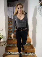 Toplook-body cruzado reflectante para mujer, traje sexy de manga larga con cuello en V para otoño e invierno, bodycon para fiesta y club, cuerpo sólido