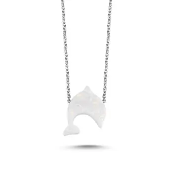 

Angemiel 925 Silver White Opal Dolphin Fish Necklace