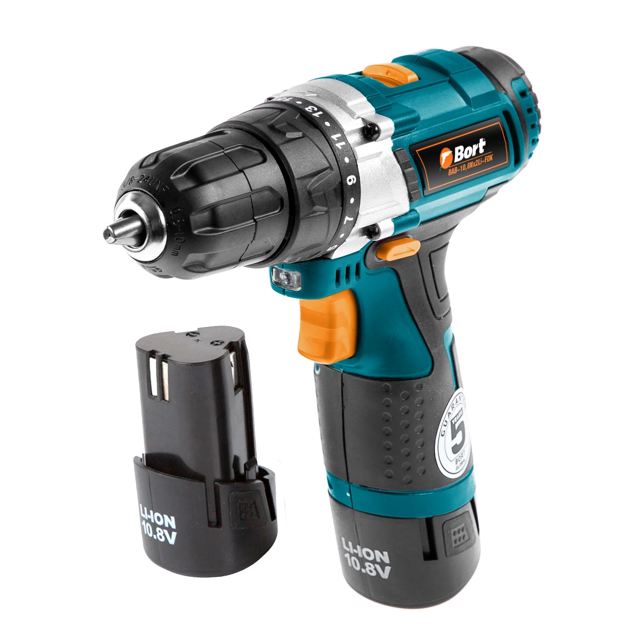 Дрель-шуруповерт аккумуляторная Bort BAB-10,8Nx2Li-FDK (Li-Ion аккумулятор, подсветка рабочей зоны, быстрозажимной патрон, дополнительный аккумулятор, сумка)