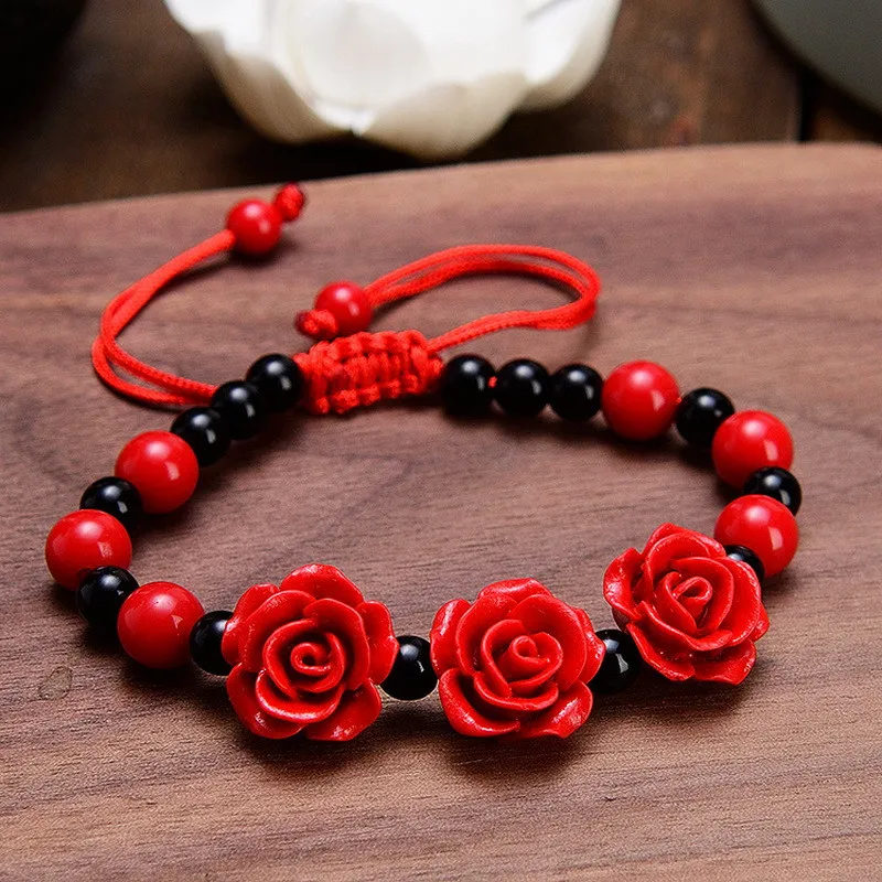 Charm Etnico Tessuto Rosa Rossa Braccialetto Per Le Donne Lacca Fatta A Mano Intagliato Fiore Cinabro Regolabile Corda Rossa Braccialetto Gioielli Reg