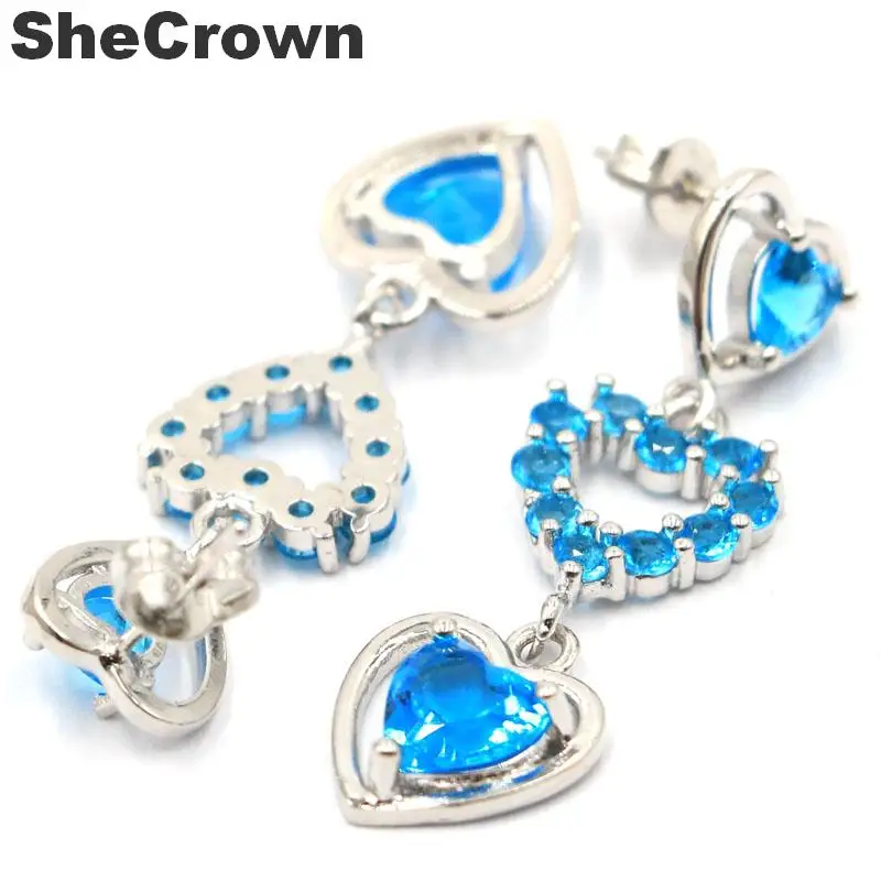 38x12mm Elegant Heart Shape Paris Blue Topaz Natural CZ Gift For Mother Silver Earrings