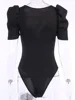 InstaHot Puff Sleeve Sexy Bodysuit Ladies Square Neck Summer Office Lady Casual Elegant Romper Women