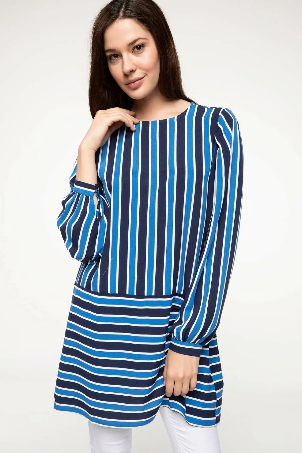 

DeFacto Woman Summer Blue Striped Blouse Women Casual Long Blouse Shirts Female Long Sleeve Woven Tunic-J1927AZ18SM