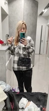 Loose Top Blouses Shirts Grey Plaid Pocket Chic Female Casual Fashion Women Ladies Streetwear
