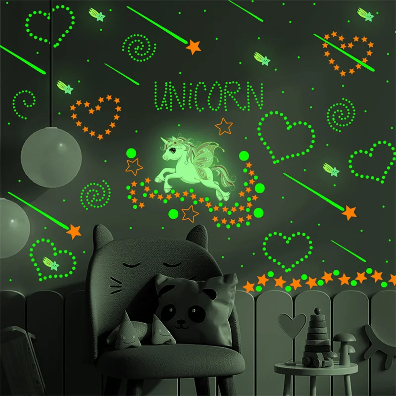Unicorn Wall Stickers Glow in The Dark Kids Room Decoration Fluorescent Luminous Star Baby Bedroom Phosphor Sticker Decorative