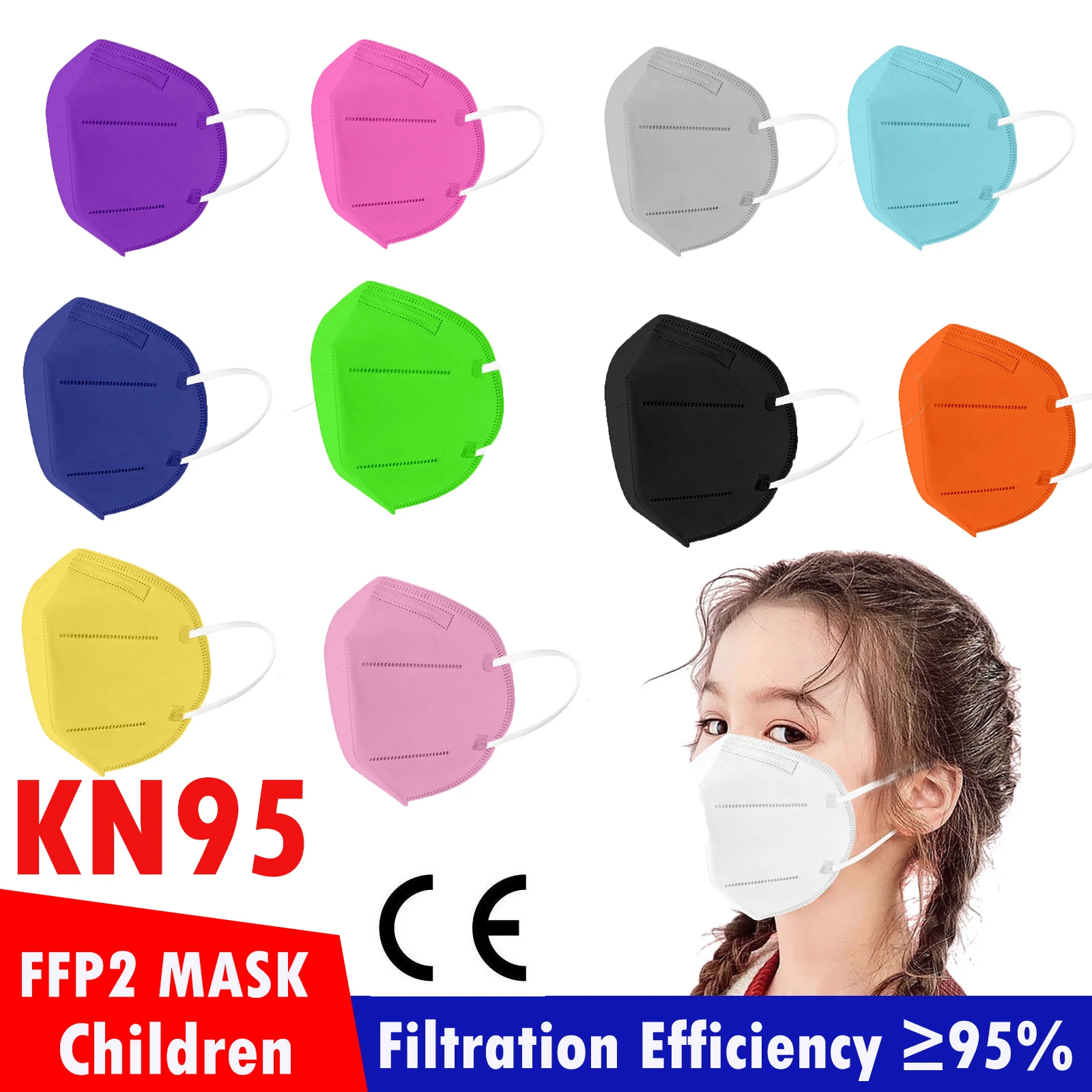 Mascarilla kn95 infantil para niños, Máscara protectora ffp2, fpp2, 11 colores, homologada CE, 10/50 Uds.