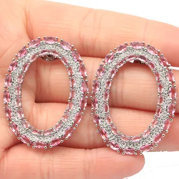 

38x29mm SheCrown Created Pink Tourmaline White Zircon Jewelry Making Silver Earrings
