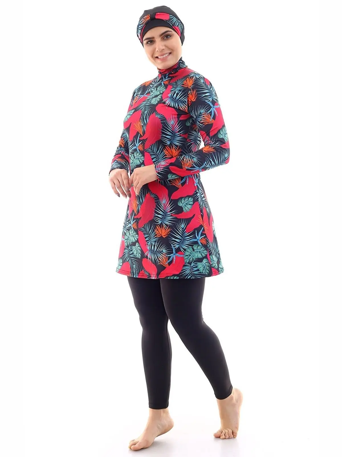 Long Sleeve Patterned Fully Covered Swimsuit Women Swimwear Hashem Unlined Muslim Hijab Stand Collar Summer Sea Swimming