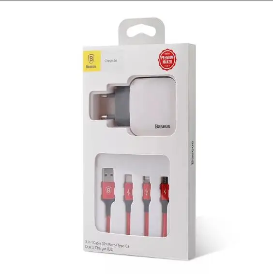 СЗУ с 2-мя USB выходами+ USB кабель 3в1 microUSB/8pin для iPhone 5/6/7/type-c BASEUS TZCL-D92(белый+ красный