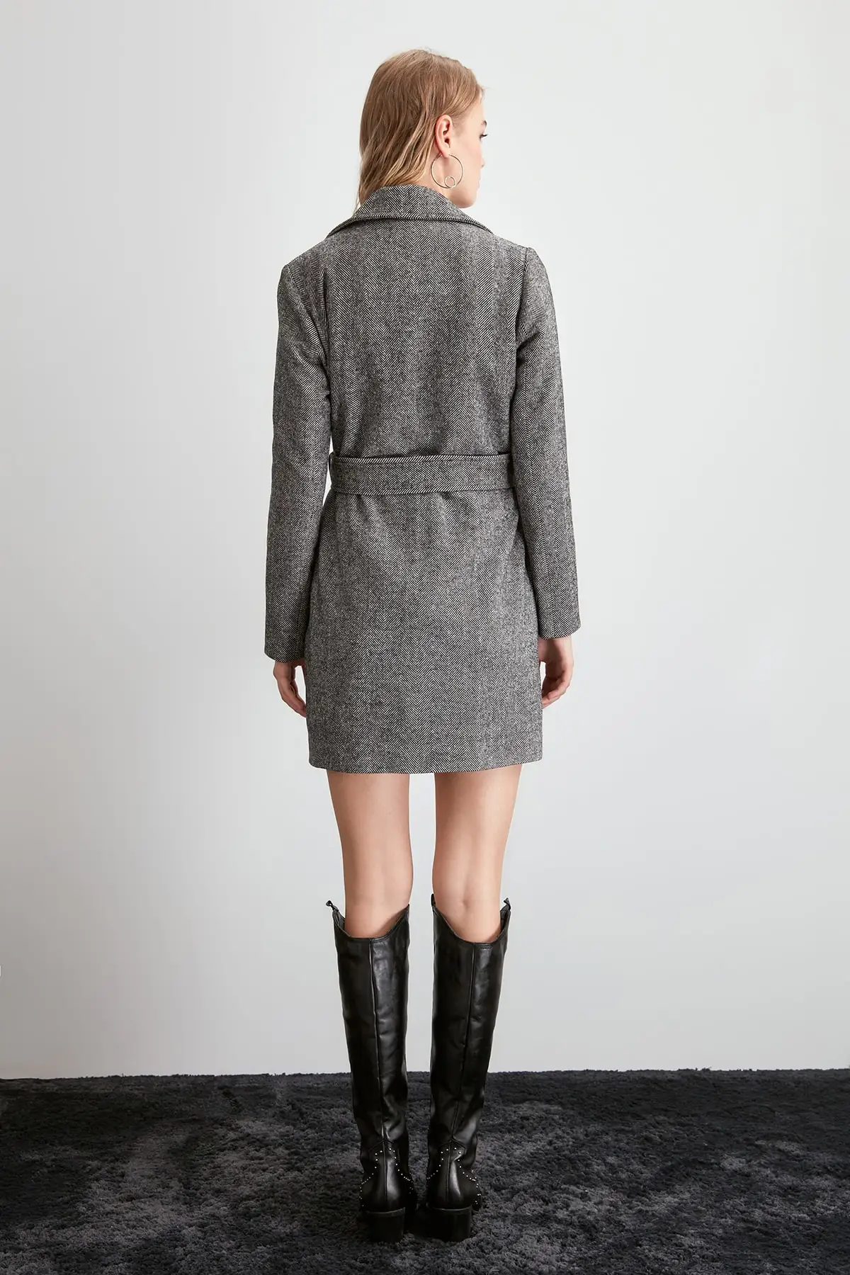 Trendyol Colar Leather Detailed Herringbone Pattern Stamp Coat TWOAW20KB0226