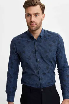 

DeFacto Man Casual Dark Blue Shirts Men Floral Print Top Shirts Men Smart Casual Long Sleeve Shirt-N2679AZ19CW