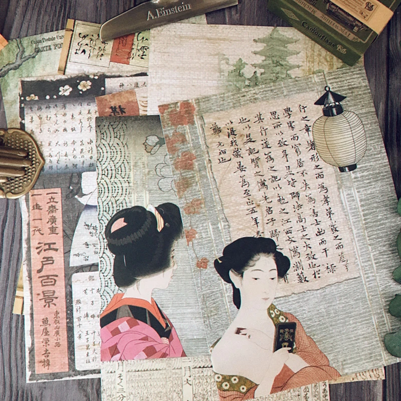 8Pcs Japanese Style Drawing Vintage Stickers Junk Journal Ephemera Edo Era Flower Lady Stickers DIY Album Scrapbooking Material