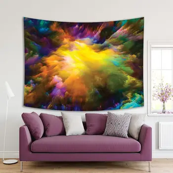 

Tapestry Abstract Futuristic Art Arrangement Vibrant Paint Surrealistic Nature Volcano Forest Mountain Blue Green Yellow Purple