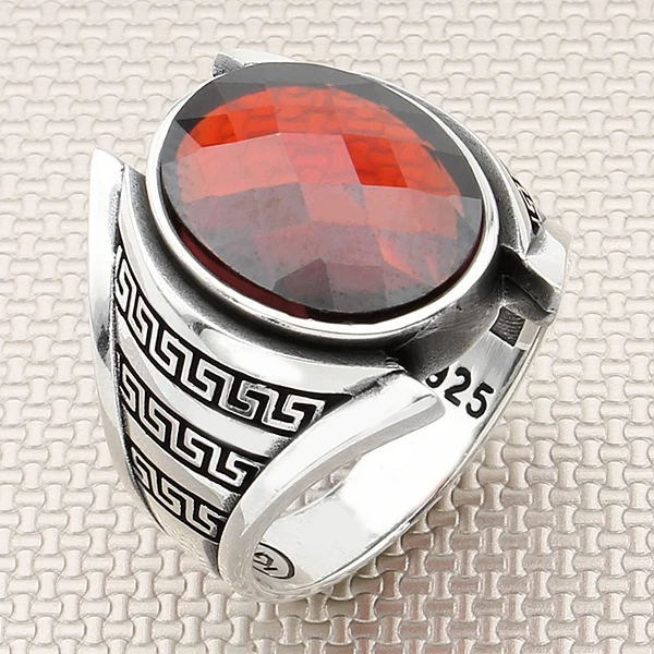 

Modern Pattern Oval Red Zircon Gemstone Men 925 Sterling Silver Ring Jewellery Handmade %100 Natural Gemstone Men Ring Jewelry