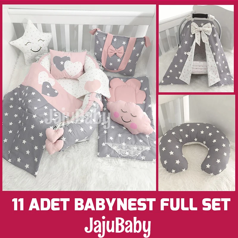 Jaju Baby Babynest серый и порошковая звезда полный комплект из 11 предметов роскошный