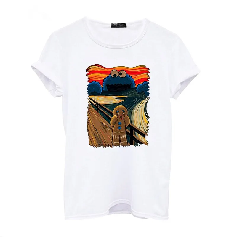 

Famous painting shouting screaming gingerbread man sesame street cookie monster spoof short-sleeved women's t-shirt top