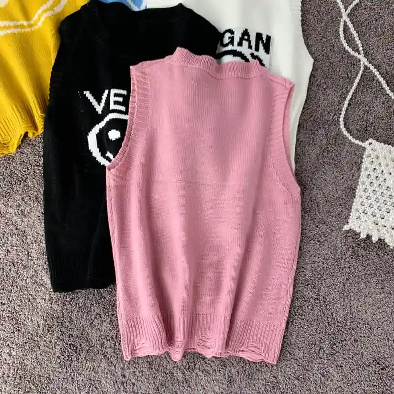 Autumn Female Student Casual Temperament Knitted Pullover Vest letter emboridery Sleeveless V-neck Sweater Vest autumn