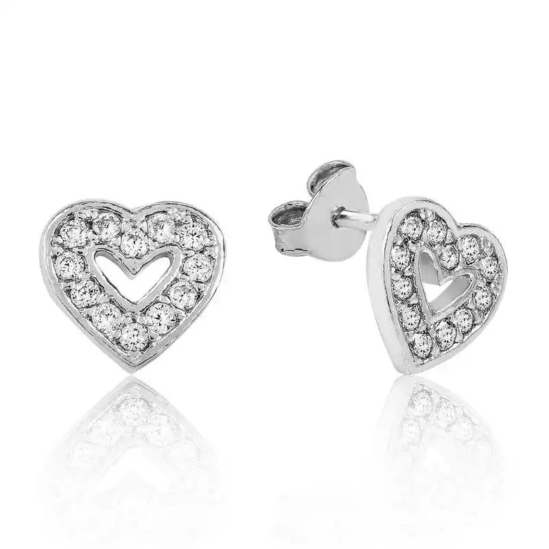 Merve Silver Silver White Heart Studded Earrings