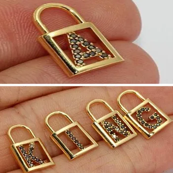 

1Pcs A-Z Padlock Stone Color: Black raw brass 24k Gold Plated Letter (Nickel Free and Lead Free)10x16mm HRF39