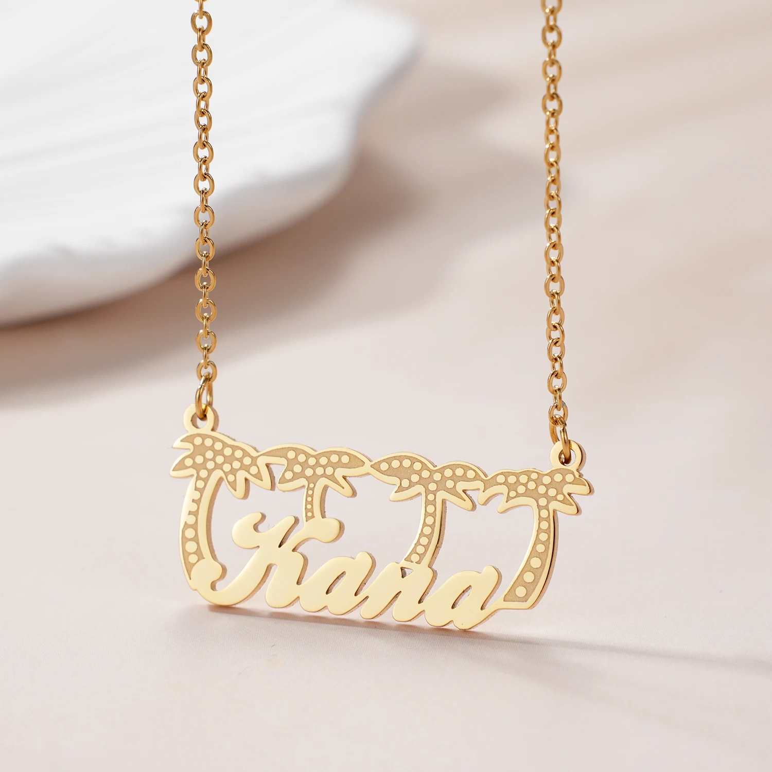 Personalized Name Necklace With Coconut Tree Double Plated Nameplate Custom Pendant Stainless Stee Jewelry Gift For Women Girls