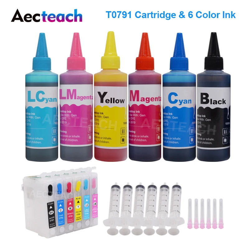 Aecteach T0791-T0796 чернильные картриджи для epson artisan 700 Вт 710 Вт 720WD 730WD 800FW принтер+ 6 × 100 мл бутылки комплекты для заправки чернил