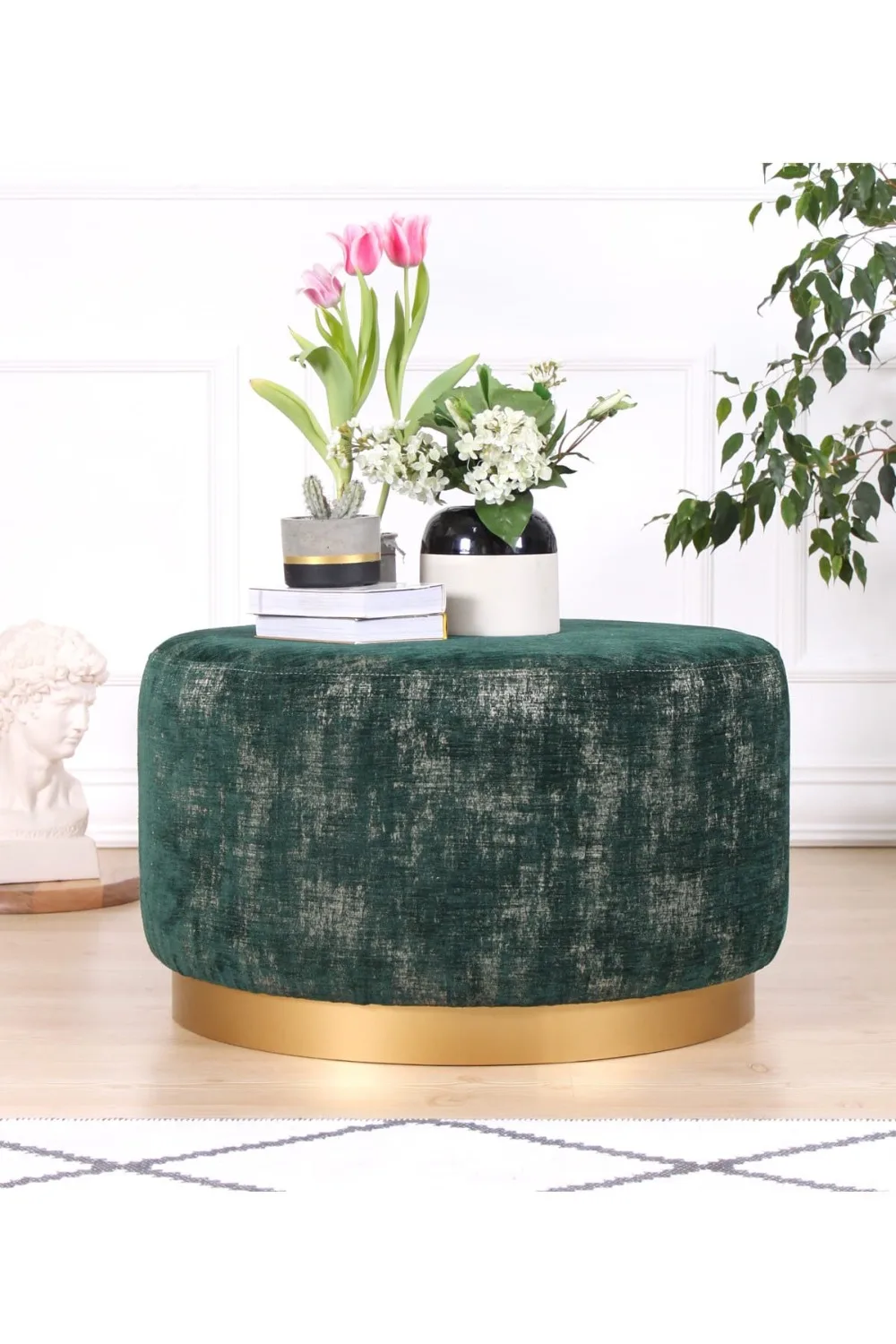 Lorence Home Nifty Pouf - Emerald Green Gold Stool Flannel Chair Solid Color Sofa Pedal Round Stools Ottoman Pouf