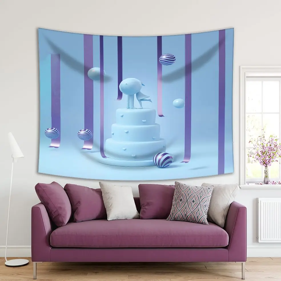 

Tapestry Couple Doll on Top of the Cake with Ribbon and Decorating Ball Ornaments Celebration Theme Art Blue Purple