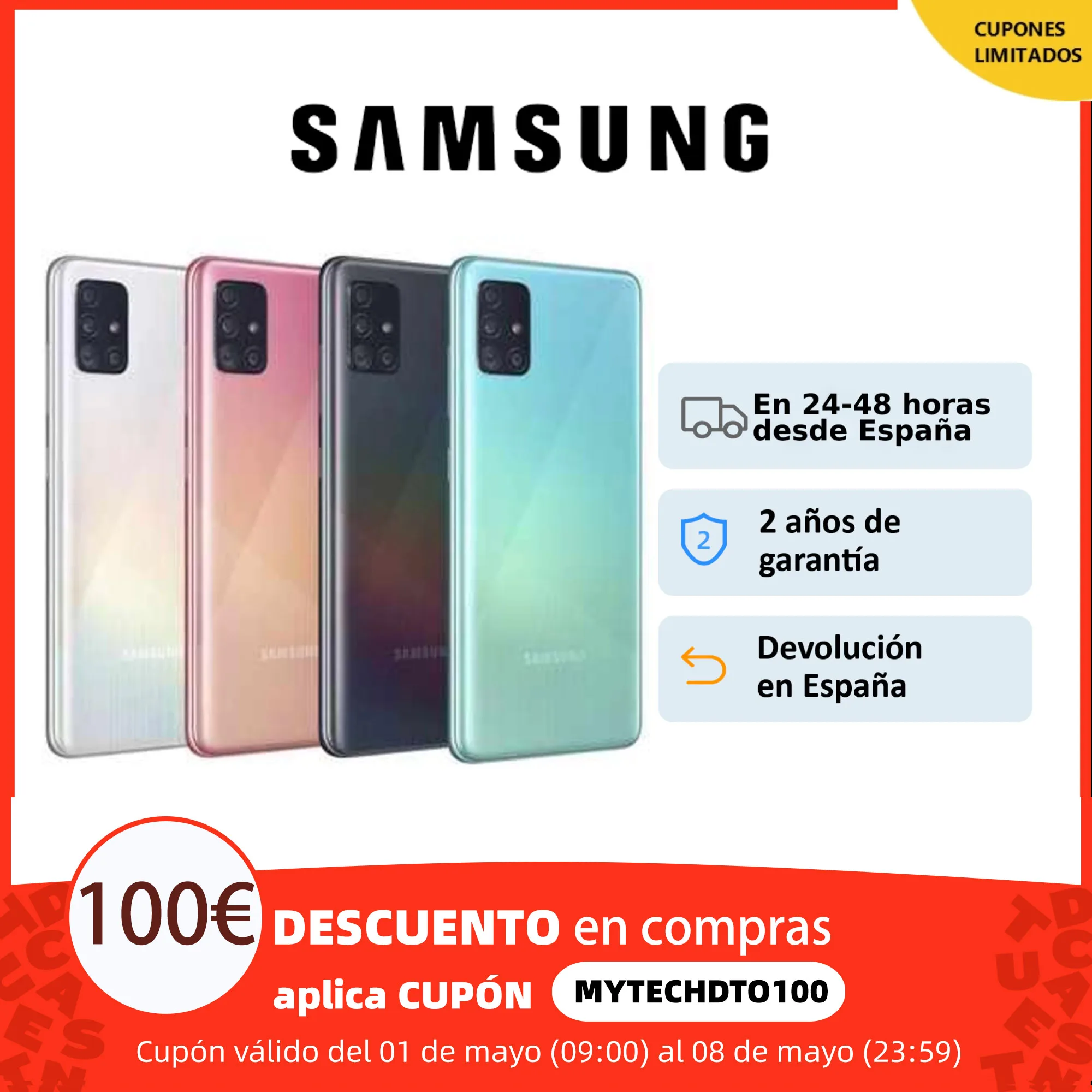 Samsung Galaxy A51, Smartphone 4+128GB, pantalla 6.5 Infinity-O AMOLED, 4 cámaras (48+23+5+5MP), selfie 32MP, gran batería
