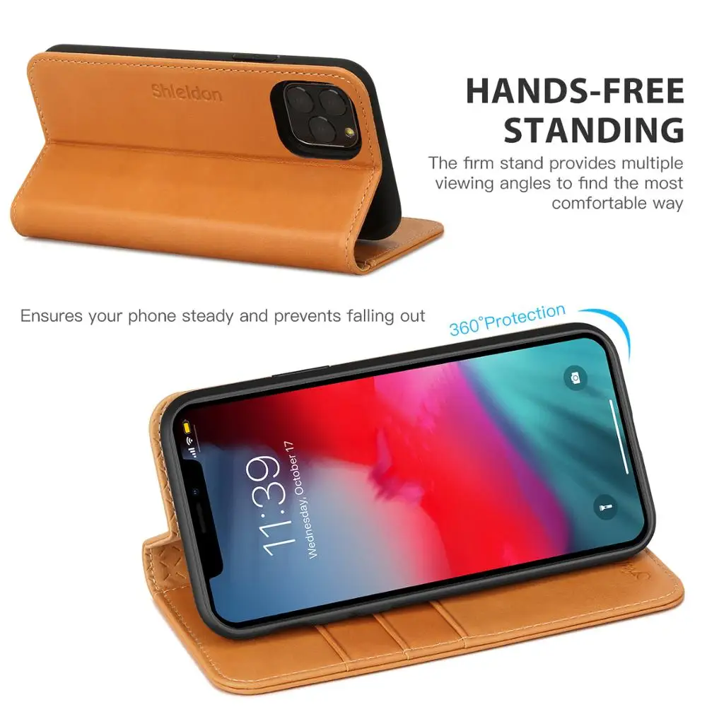 SHIELDON Чехол-бумажник для iPhone 11 Pro Max 6," Натуральная кожаные с отделениями для карт с подставкой и магнитной застежкой Чехол
