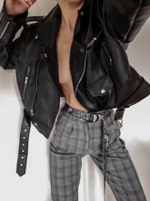 Jacket Short Winter Coat Faux-Leather Mozuleva Black Women Retro PU Turn-Down-Neck Loose