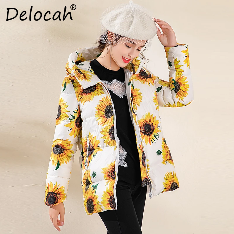 

Delocah Women Down Coat Runway Fashion Designer Printed 90% White Duck Down Jacket Winter Warm Hooded Ladys Short Slim Overcoat