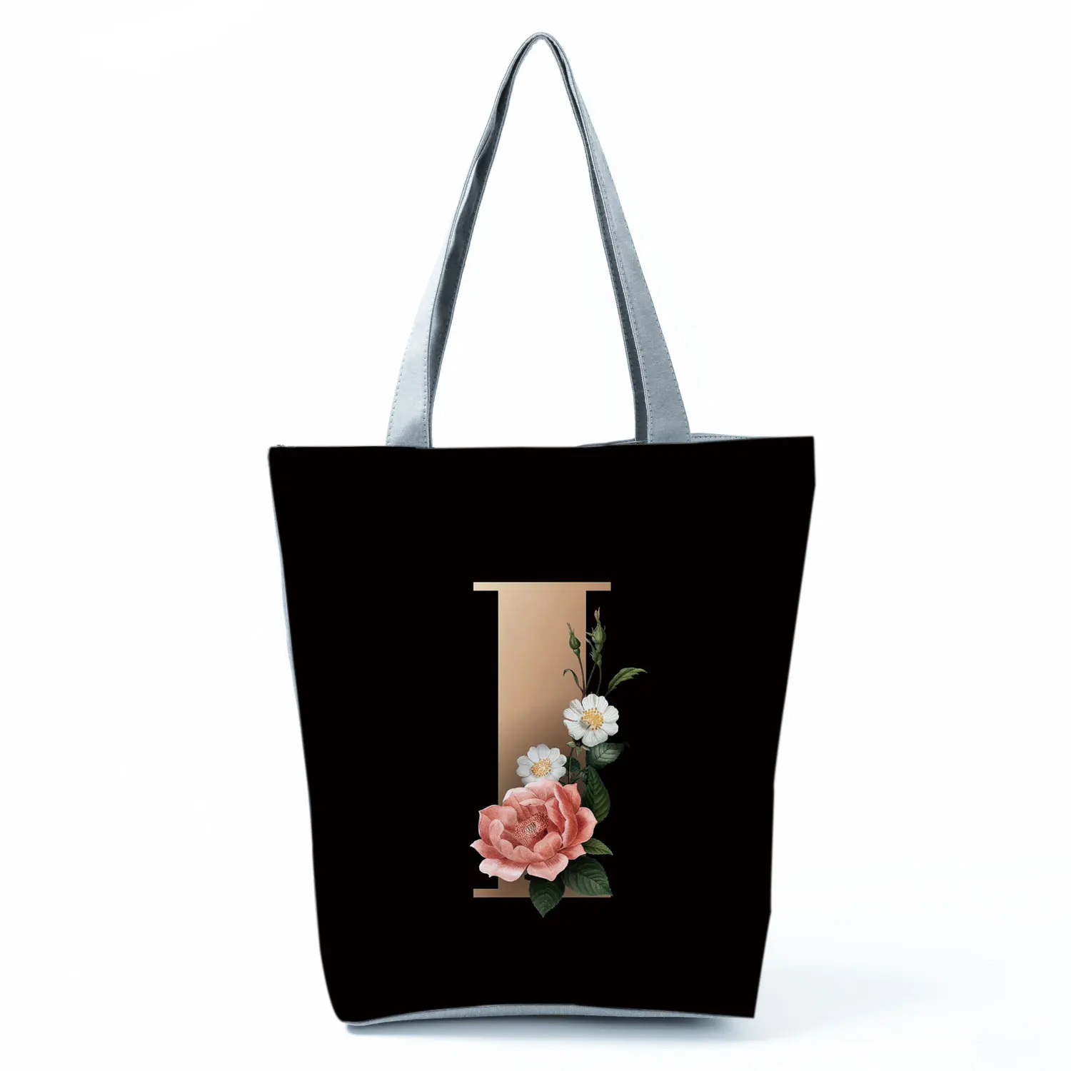 Gold Letter Floral Printing Black Shopping Bag Ladies All-match Handbag Foldable Shopper Harajuku Style Bag Eco Student Tote Bag 