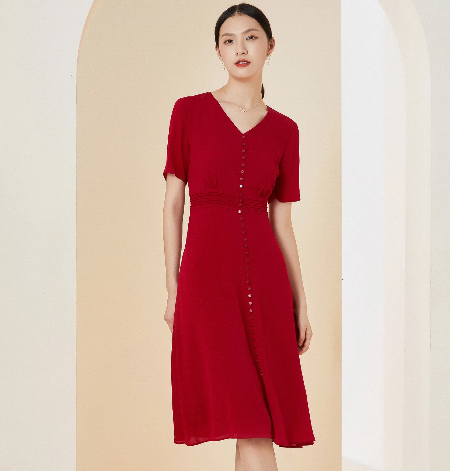 

Gowani Silk Dress Retro Red / Yellow Button Through Short Sleeve High Waist Women Elegant Wear Luxury Vintage Clothes Midi