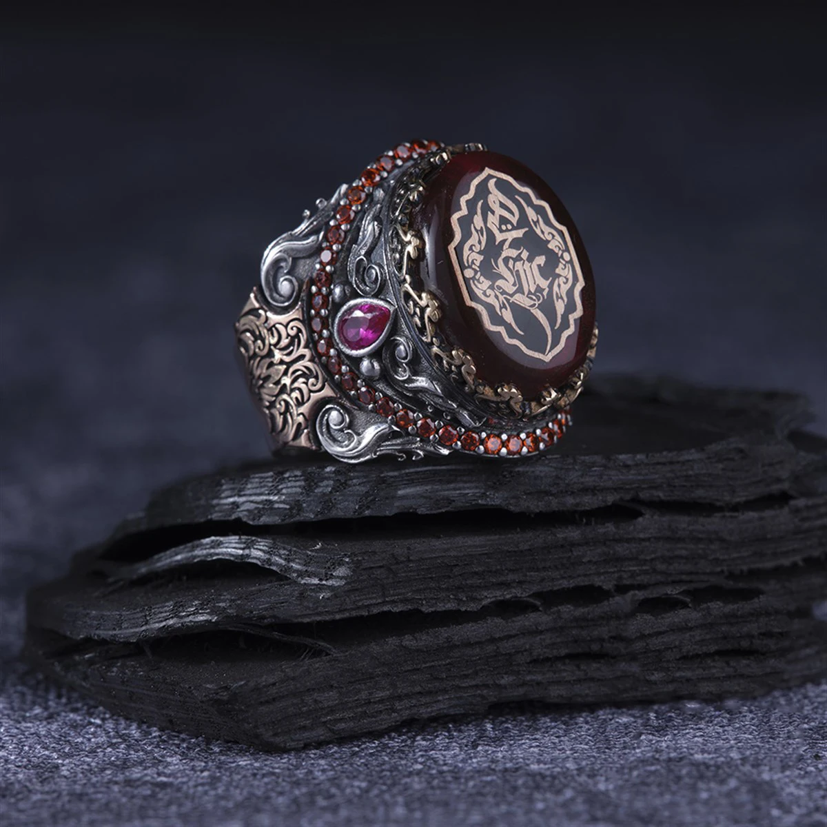 

Fiery Amber 925 Sterling Silver Engrave Special Craftmanship Traditional Handmade Turkish Signet Ring Jewelry Gift for Women Men