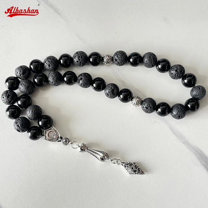 Фото Tasbih мужской лавовый камень с черным агатом турецкий стиль мусульманский молитвенный браслет Рамадан ИД подарок исламский мисбаха мужской розарий №1