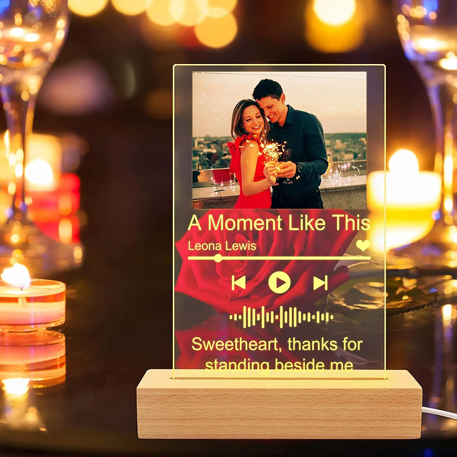 Customized Acrylic Picture Frame USB DIY Night Light Wood Base Home Office Bedroom Decor Photo