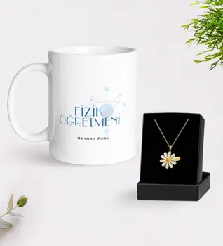 

Personalized Physics Teacher White Mug and Daisy Necklace Gift Seti-1
