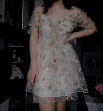Mini Dress Puff-Sleeve Lace Print Chiffon French Korean-Style Sexy Vintage Women Floral
