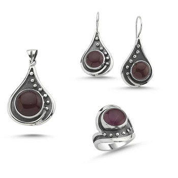 

Silver 925 Sterling Red Agate Stone Handwork Set