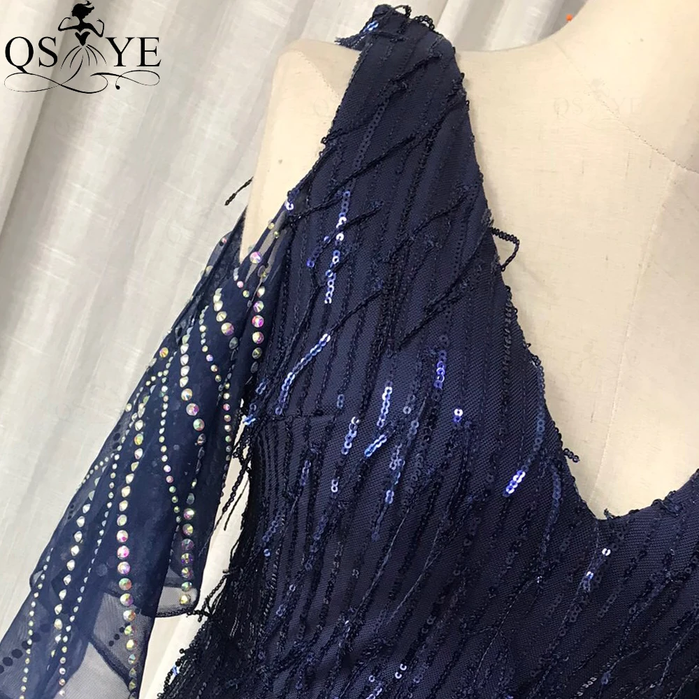 Navy Feather Evening Dress Sequin Mermaid Party Gown Flatter Side Sleeves Stretch Formal Dress V Neck Dark Blue Prom Gown 2022 hot pink prom dress