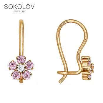 

Children drop earrings with stones with flowers SOKOLOV fashion jewelry gold 585 women's/men's, male/female, long earrings